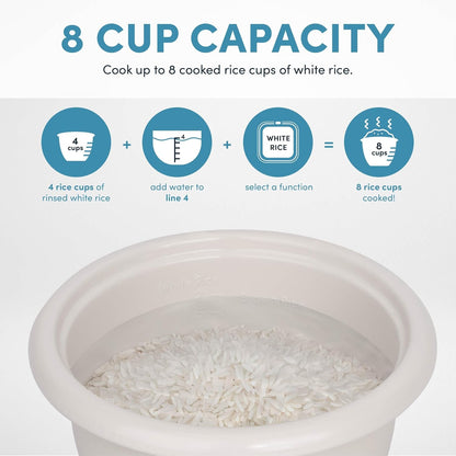 Corecoat™ Digital Rice Cooker (8 Cups Cooked) and Steamer with Nonstick Ceramic Rice Cooker Pot Coating and Pop-Up Steam Tray, 2 Quarts5