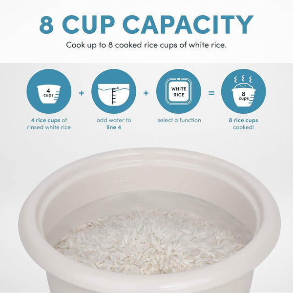 Corecoat™ Digital Rice Cooker (8 Cups Cooked) and Steamer with Nonstick Ceramic Rice Cooker Pot Coating and Pop-Up Steam Tray, 2 Quarts5