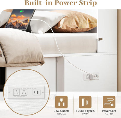 Queen Murphy Bed with Charging Station - Modern Queen Bed Frame with Storage, Foldable Platform Cabinet Beds with Drawer, Wood Hideway Bedframe for Guest & Living Room, Bedroom, Office, White4