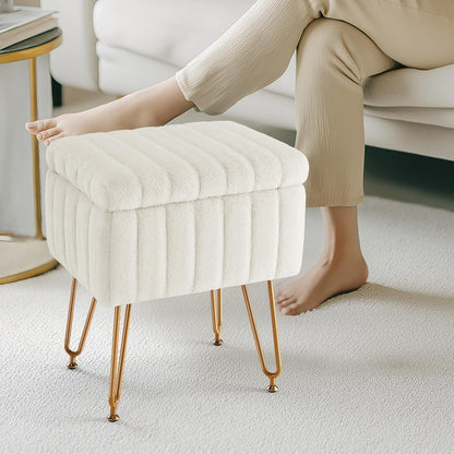 Vanity Stool Chair Ottoman with Storage, Makeup Cute Soft Small Footstool Modern Style Faux Fur Seat with 4 Metal Legs & Adjustable Feet for Dressing Living Room Bedroom Dorm7