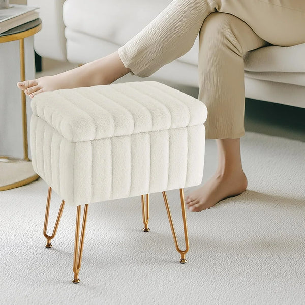 Vanity Stool Chair Ottoman with Storage, Makeup Cute Soft Small Footstool Modern Style Faux Fur Seat with 4 Metal Legs & Adjustable Feet for Dressing Living Room Bedroom Dorm7