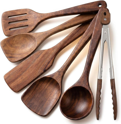 6 Pcs Walnut Wooden Kitchen Utensil Cooking Utensils Set Tong Spatula Spoon1