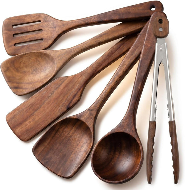 6 Pcs Walnut Wooden Kitchen Utensil Cooking Utensils Set Tong Spatula Spoon1