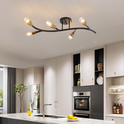 Modern Sputnik Semi Flush Mount Ceiling Light Fixture Black and Gold,5-Lights Mid Century Sputnik Chandelier for Dining Room,Kitchen,Hallway,Laundry Room,Bedroom(Bulbs Not Included)6