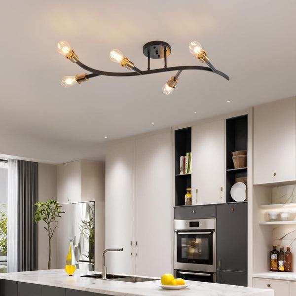 Modern Sputnik Semi Flush Mount Ceiling Light Fixture Black and Gold,5-Lights Mid Century Sputnik Chandelier for Dining Room,Kitchen,Hallway,Laundry Room,Bedroom(Bulbs Not Included)6