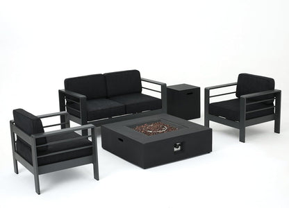 Cape Coral Outdoor Aluminum 5 Piece Loveseat Chat Set Water Resistant Cushions Grey Square Fire Table, 32.00 "W X 27.5 "D X 24.6 "H, Dark Gray + Gray2