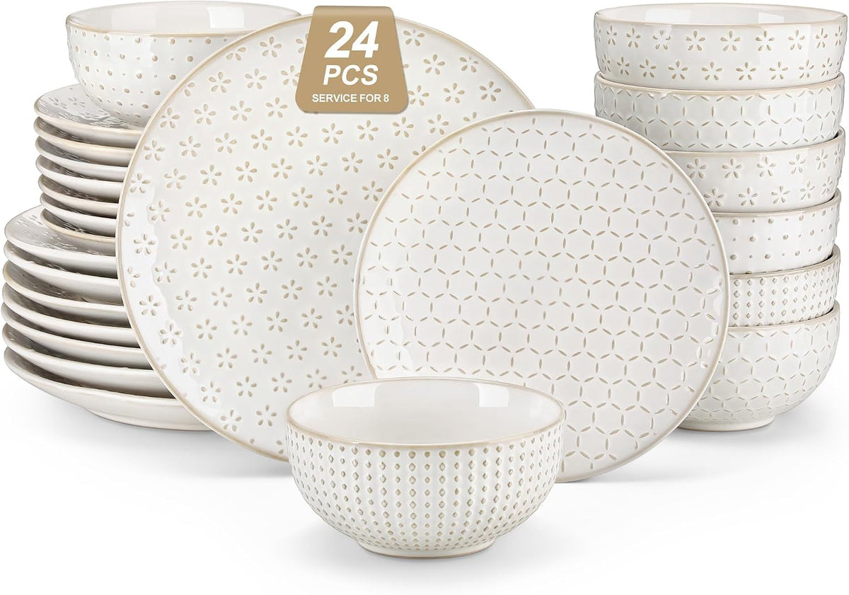 24-piece-farmhouse-dinnerware-set-for-8-embossed-white-stoneware-plates-and-bowls-sets-vintage-relief-ceramic-dish-set-chip-resistant-microwave-dishwasher-safe