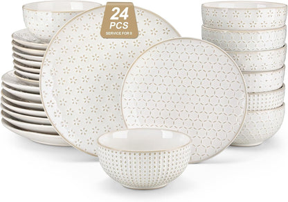 24-Piece Farmhouse Dinnerware Set for 8, Embossed White Stoneware Plates and Bowls Sets, Vintage Relief Ceramic Dish Set, Chip-Resistant, Microwave & Dishwasher Safe1