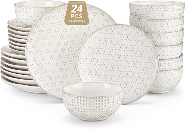 24-Piece Farmhouse Dinnerware Set for 8, Embossed White Stoneware Plates and Bowls Sets, Vintage Relief Ceramic Dish Set, Chip-Resistant, Microwave & Dishwasher Safe1