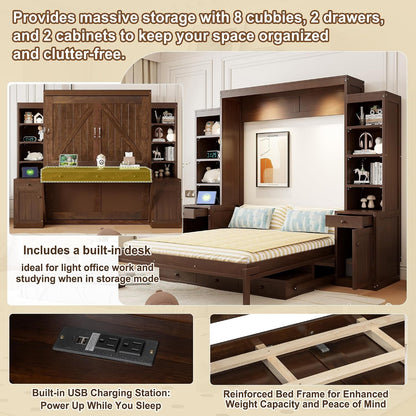 Queen Size Murphy Bed with 2 LED Lights,Desk & Storage, Space-Saving Wood Wall Bed with Cabinets & Drawers, Dark Brown4