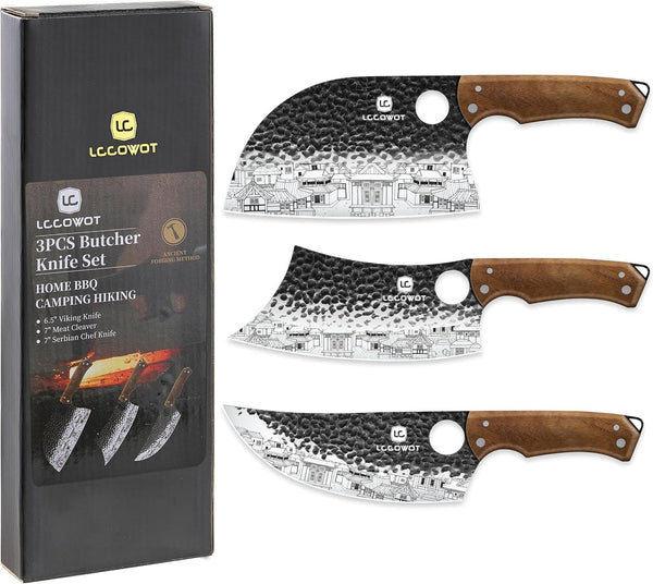 3PCS Butcher Knife Set, Includes 7" Butcher Meat Cleaver, 7" Serbian Chef and 6.5" Viking Knife, Stainless Steel Kitchen Knife Set with Wood Handle, Geat for Indoor&Outdoor (Stylish Pattern)1