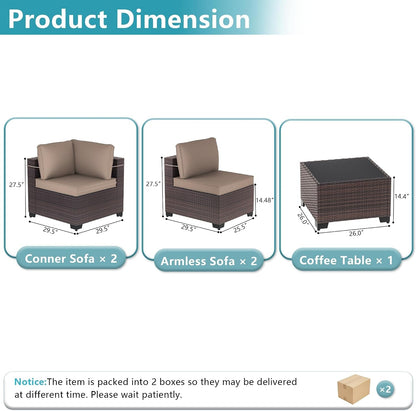 5 Pieces Patio Furniture Set Wicker Patio Conversation Set, Outdoor Sectional Furniture W/Coffee Table & Washable Seat Cushions-Sand4