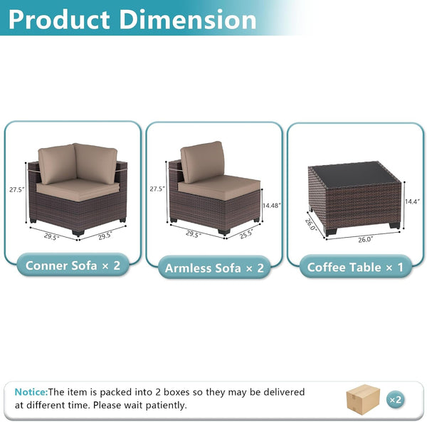 5 Pieces Patio Furniture Set Wicker Patio Conversation Set, Outdoor Sectional Furniture W/Coffee Table & Washable Seat Cushions-Sand4