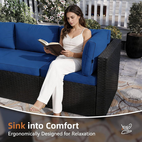 Patio Furniture Set 5-Piece, Outdoor Sectional Sofas with Washable Cushion, Wicker Rattan Patio Conversation Sets for Backyard Porch and Poolside, Navy4