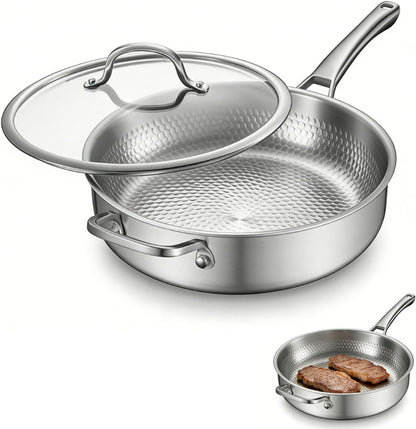 Titanium Frying Pan Pure with Lid, Uncoated Hammered Deep Skillet for Cooking, PFAS/PFOA/PTFE Free Nonstick Cookware, Scratch Resistant, for Induction & Gas, Oven, Dishwasher Safe,9.44In1