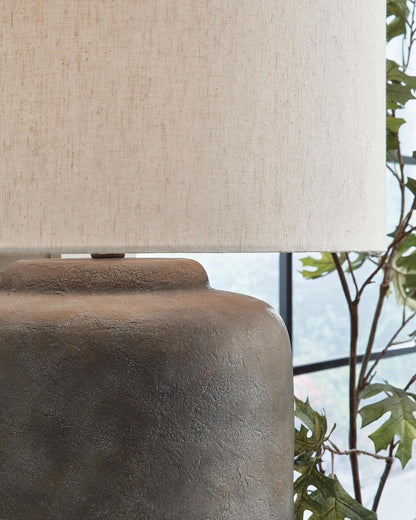 Signature Design by Ashley Zandophen Metal Table Lamp, Antique Gray, Casual Accent Lamp with Fabric Drum Shade and 3-Way Switch3
