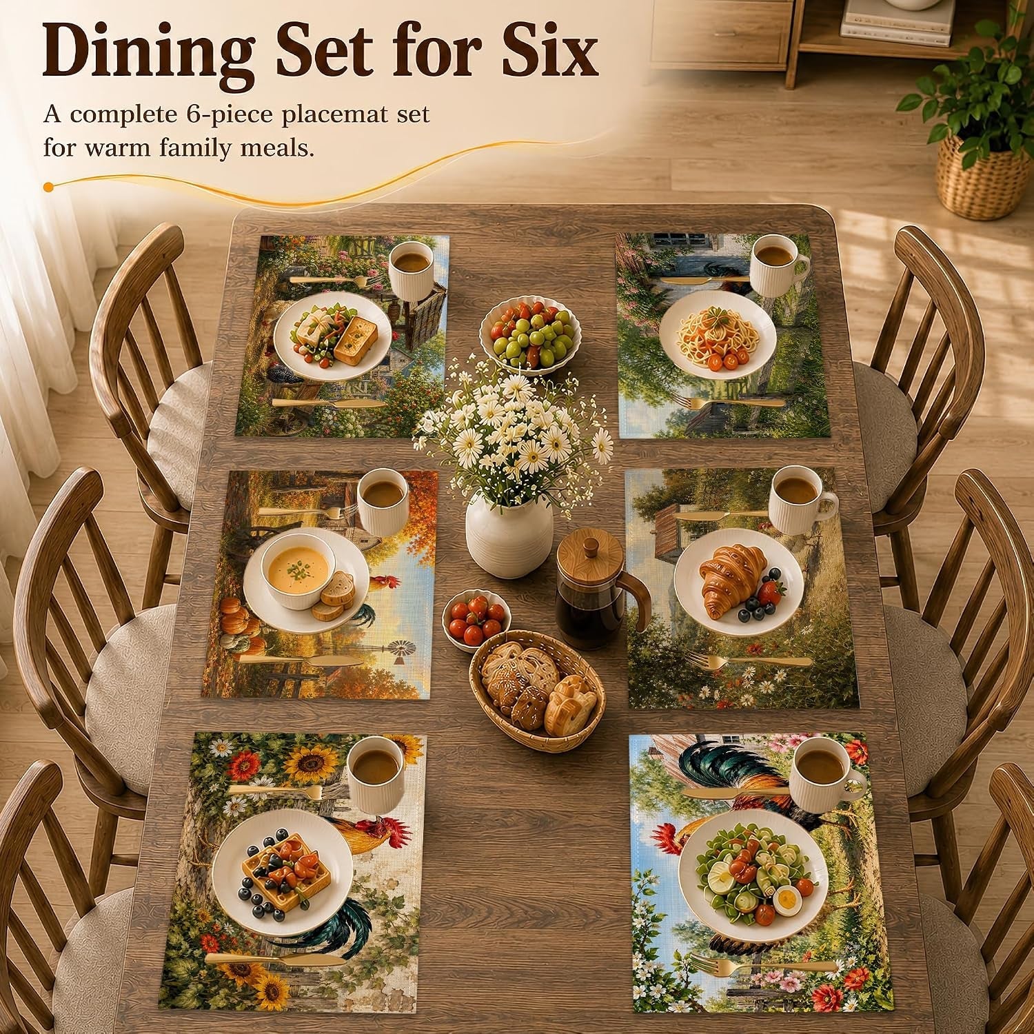 farmhouse-rooster-sunflower-garden-linen-table-mats-set-of-6-12-x-18-inch-washable-waterproof-placemats-stain-resistant-reusable-place-mats-for-dining-table-kitchen-home-kitchen-decor