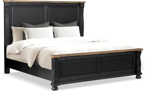 Narella Modern Farmhouse Solid Wood Bed Frame with Panel Headboard, Wooden Bedframe for Bedroom, Guest Room, Box Spring Required, Black/Rustic Oak, Queen7
