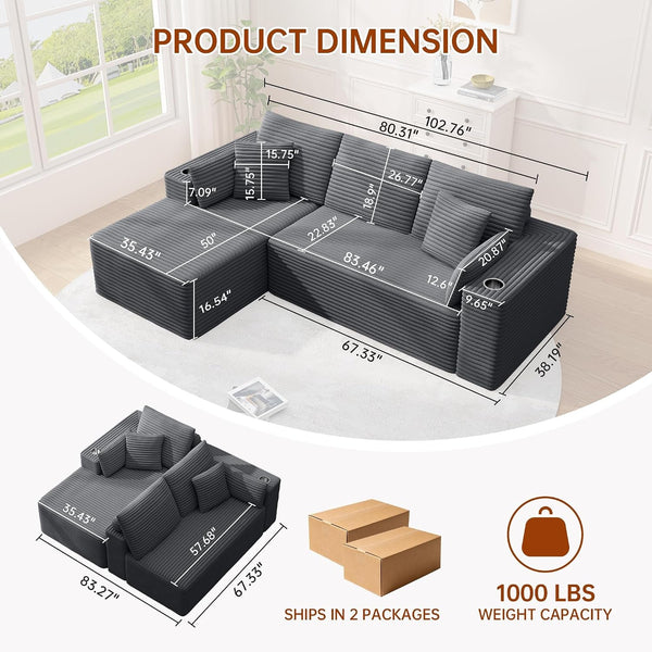 Pingliang 102" Cloud L-Shaped Sectional Sofa, Dark Grey Corduroy3