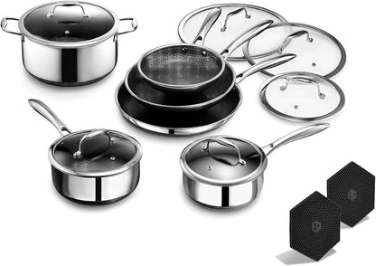Hexclad Hybrid Nonstick 14-Piece Cookware Set, 8", 10", and 12" Pans with Lids, 2, 3, and 8Qt Pots with Lids, and 2 Silicone Trivets, Stay-Cool Handles, Dishwasher and Oven-Safe, Induction Ready1