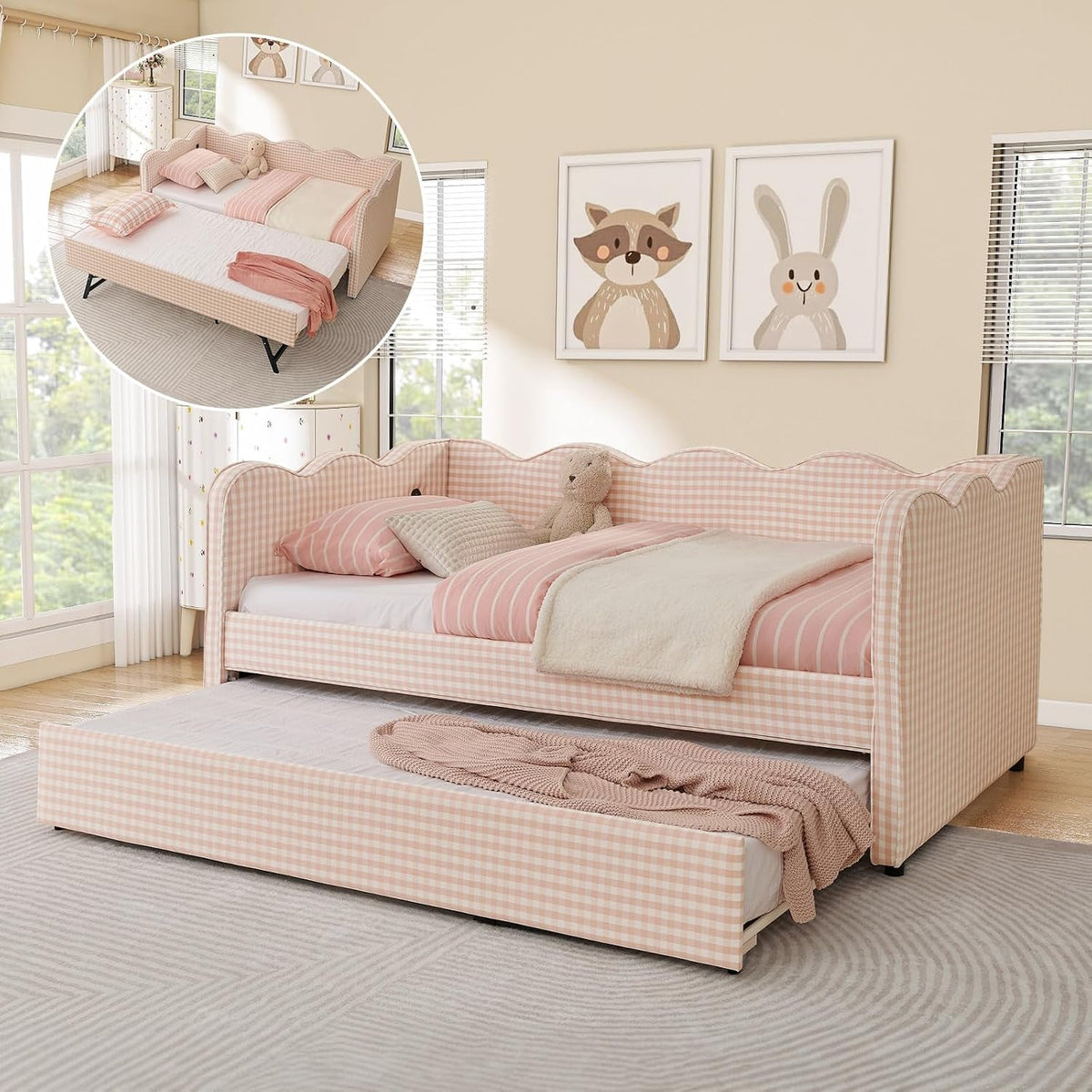 twin-size-daybed-with-pop-up-trundle-linen-gingham-twin-to-king-daybed-with-usb-ports-upholstered-day-bed-frame-modern-sofa-bed-for-living-room-bedroom-guest-room-no-box-spring-needed-pink