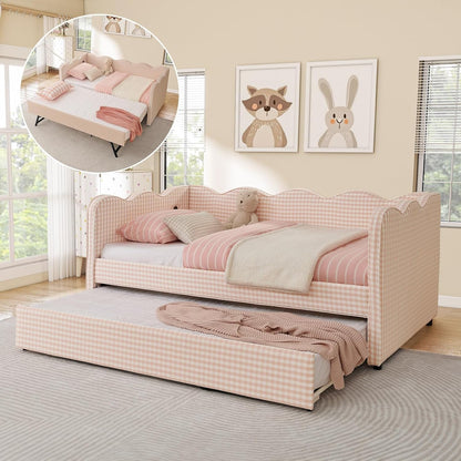 Twin Size Daybed with Pop up Trundle, Linen Gingham Twin to King Daybed with USB Ports, Upholstered Day Bed Frame, Modern Sofa Bed for Living Room/Bedroom/Guest Room, No Box Spring Needed, Pink1
