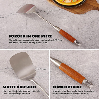 15” Metal Kitchen Utensils Set with Roosewood Handle - 18/10 Stainless Steel Cooking Utensils, 14 PCS Large & Small Spoons Set - Whisk, Masher, Fork, Spatula, Turner, Ladle, Skimmer, Pasta4