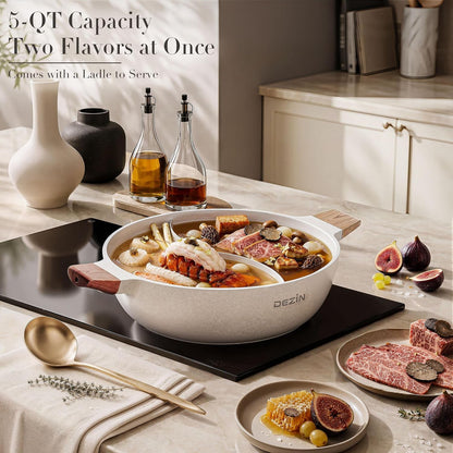 5-QT Hot Pot with Divider, Double-Flavor Shabu Shabu Pot, Divided Pot | Nonstick Granite Pot, 12"Divided Stockpot, Compatible with Induction Cooktop, Gas/Ceramic/Electric Stove, Soup Ladle Included6
