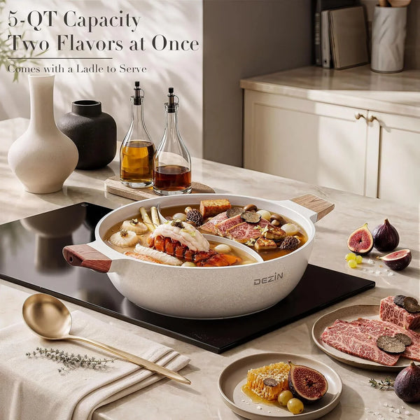 5-QT Hot Pot with Divider, Double-Flavor Shabu Shabu Pot, Divided Pot | Nonstick Granite Pot, 12"Divided Stockpot, Compatible with Induction Cooktop, Gas/Ceramic/Electric Stove, Soup Ladle Included6