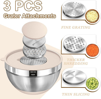 Mixing Bowls with Airtight Lids Set, 8PCS Stainless Steel Nesting Bowls with Grater Attachments, Non-Slip Bottoms, 5, 4, 3.5, 2, 1.5QT for Mixing & Serving3