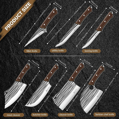 Butcher Knife Set, Sharp Kitchen Knife Set with Roll Bag Gift for Men | Hand Forged 14PCS Butcher Chef Knife Set with Bone Chopping Knives & Meat Cleaver Knife & Fillet Knives for Home, Camping BBQ2