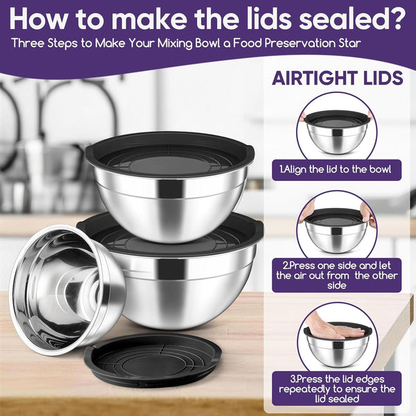Stainless Steel Mixing Bowls with Lids Set of 3, 1.5/3/4.6Qt, Black3