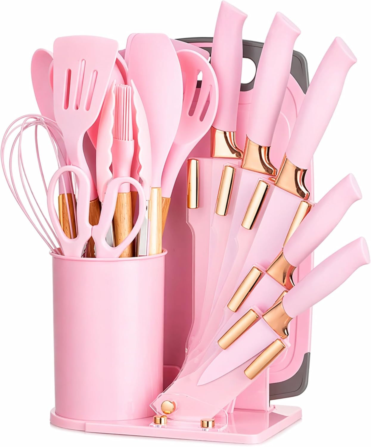 19-piece-pink-kitchen-utensils-set-with-knife-set-cutting-board-silicone-cooking-utensils-with-wooden-handles-rose-gold-accents-scissors-whisk-tongs-bpa-free-pink-kitchen-gift-set