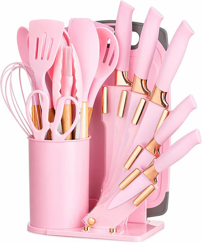 19-Piece Pink Kitchen Utensils Set with Knife Set & Cutting Board - Silicone Cooking Utensils with Wooden Handles, Rose Gold Accents, Scissors, Whisk & Tongs - Bpa-Free Pink Kitchen Gift Set1
