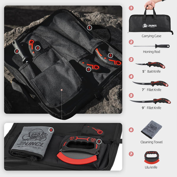 Ulu & Fillet Knife Set – 5”, 7”, 9” German High Carbon Steel Blades with Sheaths, Non-Slip Handles, Honing Rod & Carry Bag, Mezzaluna Knife for Kitchen, BBQ, Camping & Fishing, Gift for Father'S Day3