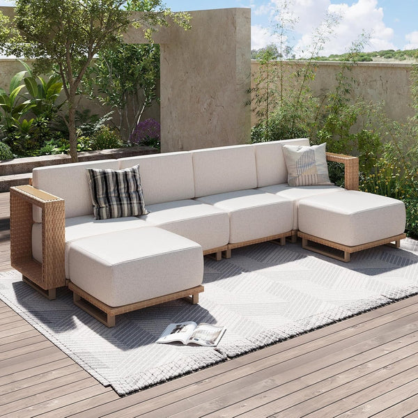 Patio Furniture Set, 6 Piece Outdoor Wicker Sofa, Yellow/Beige1
