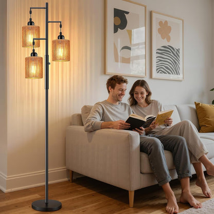 72" Boho Rattan Tree Floor Lamp, Tall Dimmable Industrial Standing Lamp, Corner Decor Accent Lighting for Living Room, Bedroom, Dining Room, Nursery, Cafe (3 X 800LM Bulbs Included) - Black7