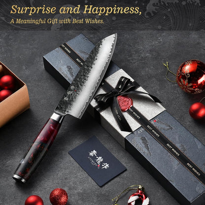 7'' Japanese Santoku Chef Knife, Black Forged 3-Layer VG10 Steel Core7