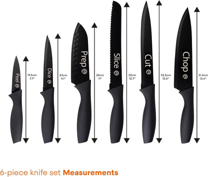 Masterchef Kitchen Knife Set with Covers, 6 Professional Chef Knives for Home Kitchens, Extra Sharp Cutting Stainless Steel Blades & Protective Sheaths, Soft-Touch Easy-Grip Handles, Essential Black7