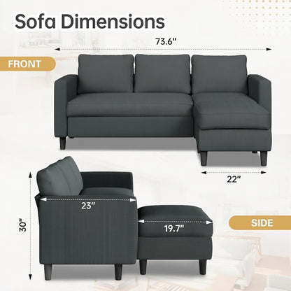 3-Seat Reversible Sectional Sofa with Ottoman, Small Couch, Grey2