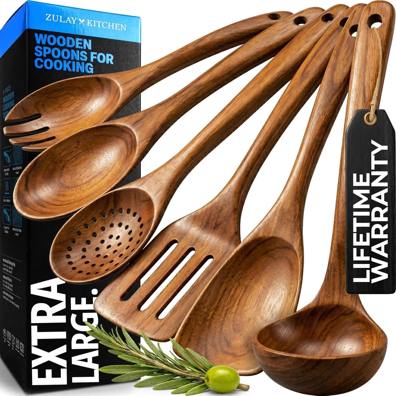 extra-large-6-piece-wooden-spoon-set-smooth-teak-cooking-utensils-comfort-grip-non-stick-turner-spatula-skimmer-fork-serving-spoon