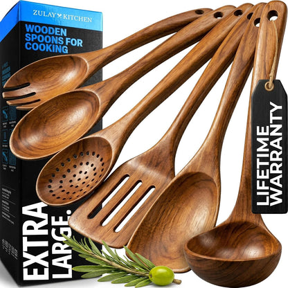Extra-Large 6-Piece Wooden Spoon Set - Smooth Teak Cooking Utensils - Comfort-Grip Non-Stick Turner, Spatula, Skimmer, Fork, Serving Spoon1