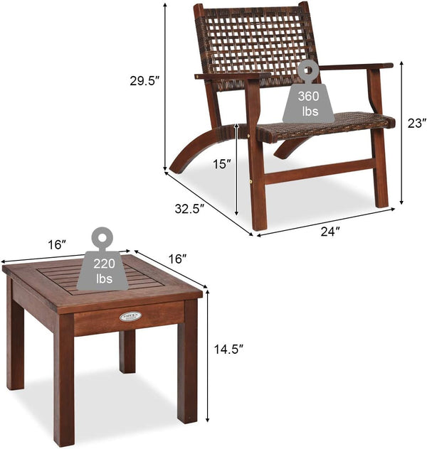 3 Pieces Patio Conversation Set, Solid Eucalyptus Wood Frame Outdoor Wicker Furniture Set Bistro Set with Coffee Table, Rattan Furniture Set for Backyard Porch Garden Poolside Balcony (Brown)5