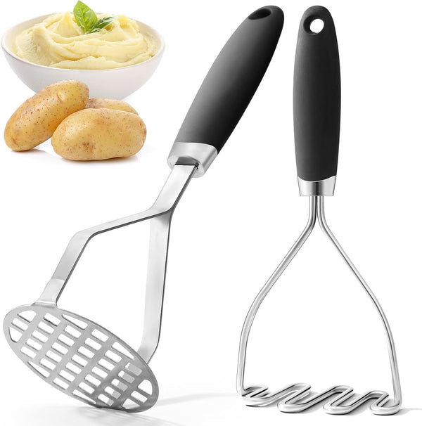 2Pcs Potato Masher Set with Silicone Handle, Premium Stainless Steel Potato Masher, Integrated & Wire Masher for Potatoes, Avocado, Vegetables and Baby Food1