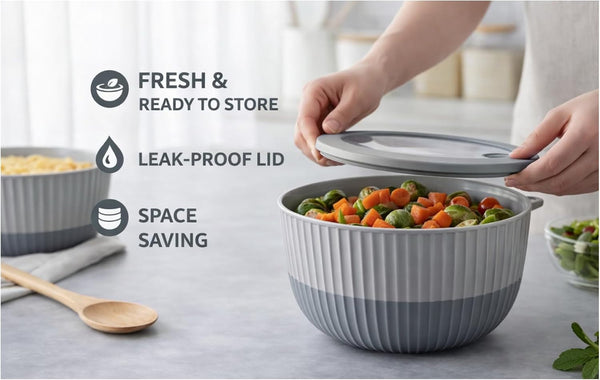 Plastic Mixing Bowls with Lids, 8-Piece Airtight Leak-Proof Nesting Bpa-Free Prep Bowl Set for Kitchen & Food Storage, 500Ml, 1300Ml, 2600Ml & 4200Ml, Microwave & Dishwasher Safe (Gray)5
