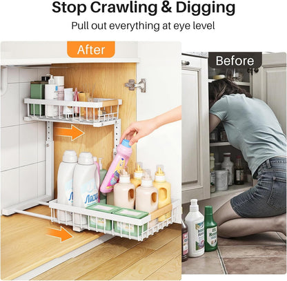 under Sink Organizer, Adjustable Height, 2 Tier Pull Out under Cabinet Organizer, Slide Out Thickened Metal under Sink Storage for Kitchen Bathroom Laundry Pantry Cabinet, White, Large-2-Pack4