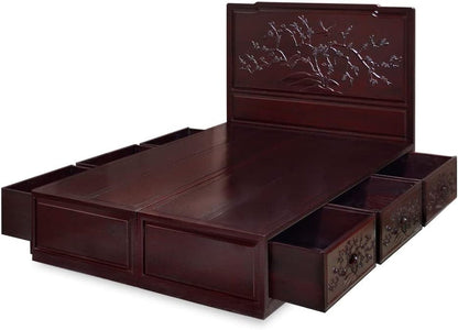 Dark Cherry Elmwood Flower and Bird Queen Size Oriental Platform Bed with Drawers3