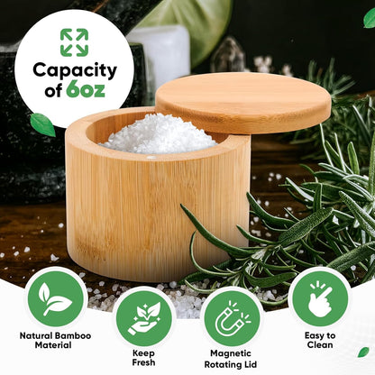 Salt Cellar, Bamboo Salt Container with Lid, Solid Salt Box Holder with 360° Swivel Lid for Countertop to Store Pepper Spice, Elegant Flaky Salt Containers Bowl on Your Kitchen, 6OZ4