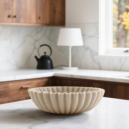 10'' Large Ruffle Decorative Fruit Bowl for Entryway Coffee Table Scalloped Purse Key Holder Kitchen Countertop Console Modern Organic Home Decor, Artificial Stone Beige6