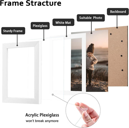 5X7 Picture Frame White Set of 4, Wooden Photo Frames Matted 4X6 with Plexiglass for 4X6 with Mat or 5X7 without Mat for Table and Wall Display2